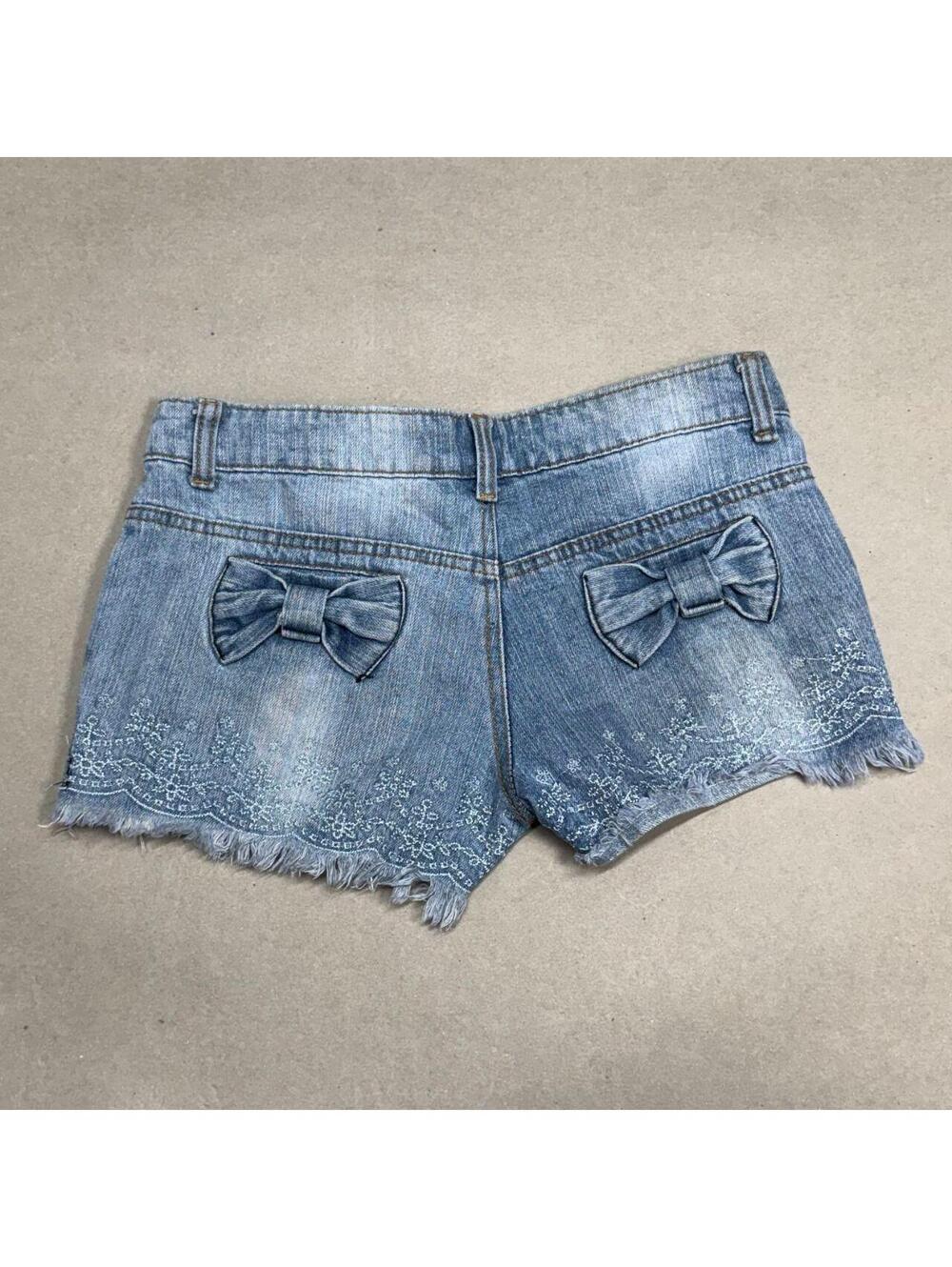 Vintage Y2K Low Rise Denim Micro Shorts Faded Bow Pocket